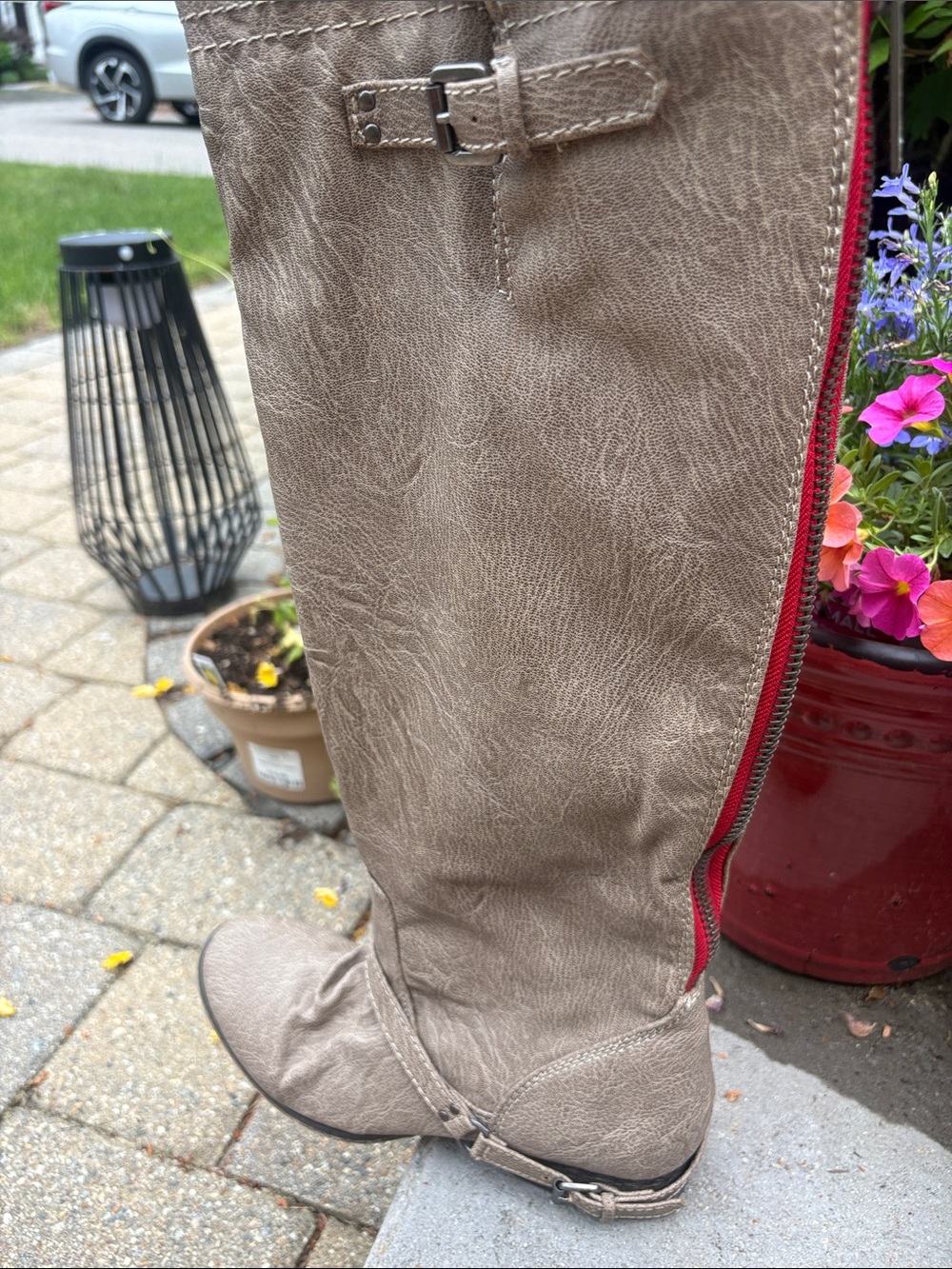 Breckelles Taupe Tall Heeled Boots with Red Zipper